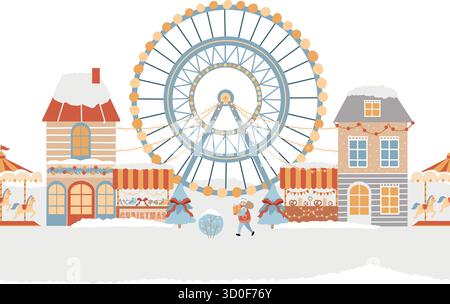 Seamless vector border. Winter amusement park, Christmas market, winter town, Christmas street. Christmas holiday fair, market, carousel with horses, Stock Vector