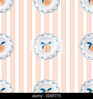 Mediterranean Seamless Pattern with White Ceramic Plates with Peaches on a Striped Background. Vector Rustic Design. Stock Vector