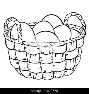 Hand drawn wicker basket filled with eggs in classic rustic sketch style. Suitable for Easter illustrations, farm market branding, organic food packag Stock Vector