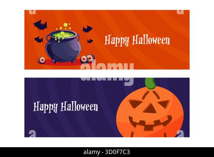 Colorful Halloween banner set featuring spooky pumpkin, cauldron, bats and creepy decorations, perfect for seasonal party invitations, posters and ads Stock Vector
