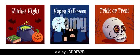 A set of Halloween cards with spooky illustrations including pumpkins, bats, and ghosts, perfect for seasonal greetings and invitations. Stock Vector