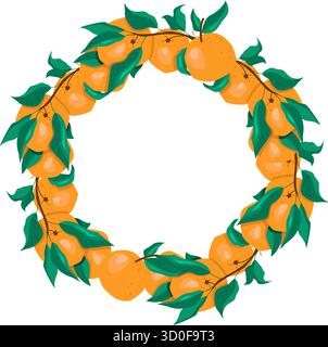 An illustration of an orange wreath decorated with fruits and leaves, perfect for invitations. Stock Vector