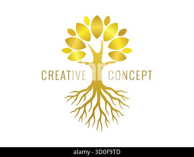Tree logo, creative design. Tree anatomy with trunk, roots and leaves. Business branding concept. Rooted golden tree Stock Vector