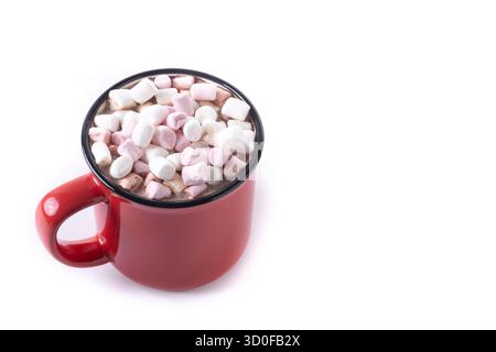 Hot chocolate drink with marshmallows in red mug isolated on white background Stock Photo