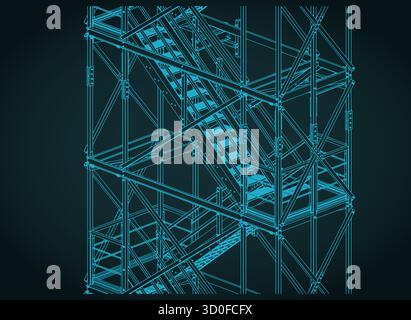 Industrial metal staircase isometric blueprint stylized vector illustration Stock Vector