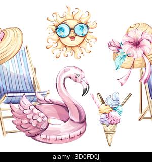Seamless pattern background wallpaper featuring summer vacation elements such as beach chairs, ice cream, pool floats, and tropical flowers for Stock Vector