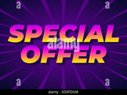 A vibrant graphic design featuring the text Special Offer in bold, colorful typography. The background has a dynamic burst pattern in purple and pink Stock Vector