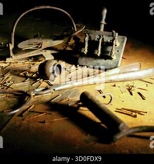 Miscellaneous old rusty tools (rusty metal, sheet metal, nails). Picked up with large-format camera on film. Another picture of this series is in the Stock Photo
