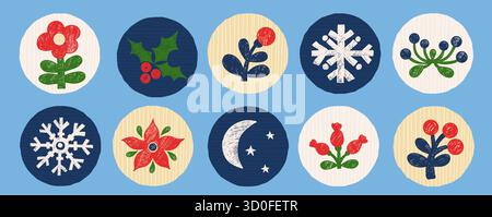 Crayon Merry Round Sticker Planner Set. Christmas labels Icons with Holiday primitive Elements with rustic effect. Isolated chalk Textured Hand Drawin Stock Vector