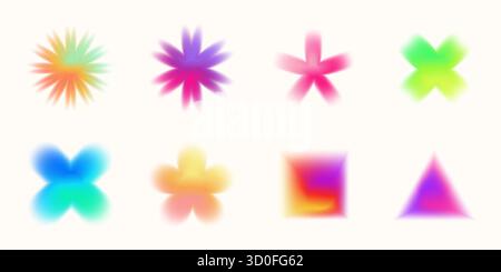 Neon gradient flowers and abstract stars with transparent blur and glowing Y2K texture. Vibrant vector mix of purple, pink, and blue tones for stylish Stock Vector