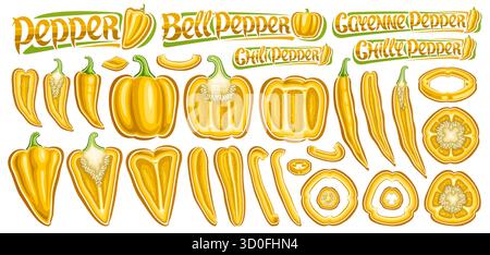 Vector Yellow Pepper Set, collection of cut out outline illustrations of different sweet and raw spicy peppers with seeds, group of variety parts and Stock Vector