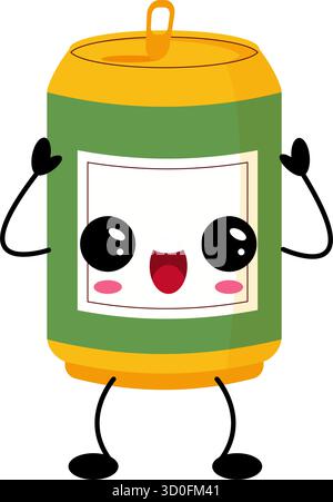 Cartoon kawaii soda can character with cute happy expression and big eyes, isolated illustration for stickers, packaging and cafe designs. Stock Vector