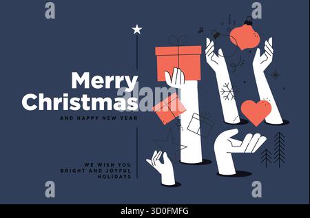 Abstract christmas and new year illustration with stylized hands and holiday ornaments sharing joy and generosity during the festive season Stock Vector