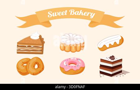 Colorful bakery set with cakes, donuts, eclairs and sweets. Cute dessert collection for cafe design, menu decoration, posters and invitations. Stock Vector