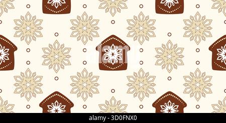 Brown houses and beige snowflakes on light beige background. Winter holiday seamless pattern in warm neutral colors. Soft Christmas holiday decor Stock Vector
