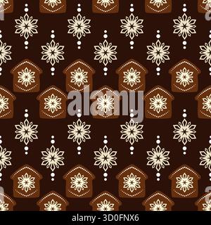 Warm sweet Christmas holiday seamless pattern. Horizontal rows of gingerbread houses and snowflakes. Brown houses with beige snowflakes on dark brown Stock Vector