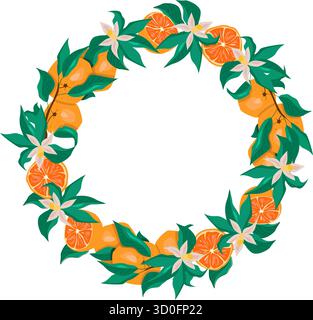 An elegant orange wreath featuring fresh citrus fruits and greenery, perfect for invitations, cards, and holiday decorations. Stock Vector