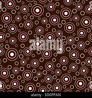 Seamless pattern with random round elements. White pink circular element on dark brown background. Cute cozy design for textiles, wallpapers, etc. Eth Stock Vector