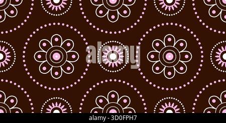 Seamless pattern with floral round elements. White pink circular motifs on dark brown background. Flowers delicate mandala vector illustration. Tradit Stock Vector