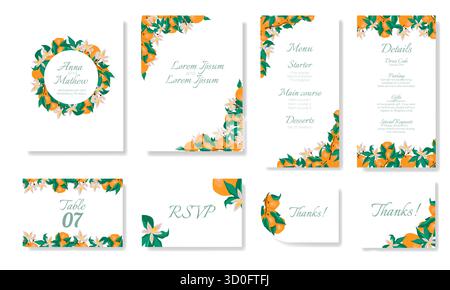 A wedding invitation template featuring a beautiful orange wreath with flowers, perfect for a fresh, vibrant theme. Stock Vector