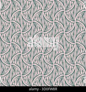 Geometric seamless pattern with ink line texture forming elegant fan shape. Hand drawn vector lineart with light pink and green contrast. Ideal for wallpaper textile design and sketch style templates. Stock Vector