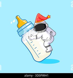 Cute Astronaut Wearing a Nightcap Sleeping Peacefully on a baby milk bottle Vector Illustration Cartoon Design Stock Vector