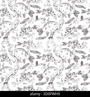 Seamless vector pattern on the theme of fishing, crucian carp, perch, air bubbles, hooks, spoon and bait for fishing. All objects are hand-drawn with Stock Vector