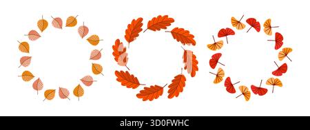 Vector set of hand drawn autumn wreaths with different leaf shapes in warm seasonal colors on white background. Stock Vector