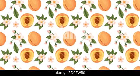 A seamless pattern featuring peaches, flowers, and leaves, perfect for fruit-themed designs and botanical illustrations. Stock Vector