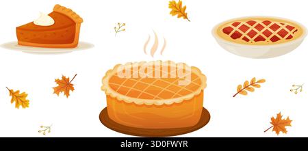 Delicious set of autumn desserts. pumpkin pie, apple pie, and a golden-brown pie with steam rising, seasonal celebrations Stock Vector