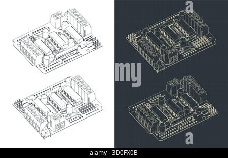 Servo motor driver shield isometric drawings stylized vector illustrations Stock Vector