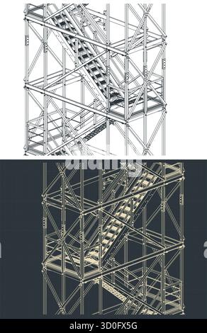 Industrial metal staircase isometric drawings stylized vector illustrations Stock Vector