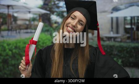 Young hispanic woman in black graduation gown holds diploma on building terrace and smiles into camera; pride. Stock Photo