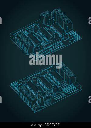 Servo motor driver shield isometric blueprints stylized vector illustrations Stock Vector