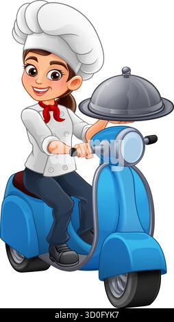 Female Chef Woman Food Delivery Scooter Cloche Stock Vector
