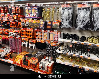 Manchester, UK - September 26, 2025: Halloween decorations and spooky party items on store shelves for festive celebrations and DIY decorating Stock Photo