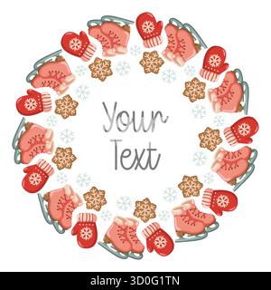 Round winter wreath with red mittens, pink ice skates, and cookies. Vector isolated illustration on white background. Stock Vector