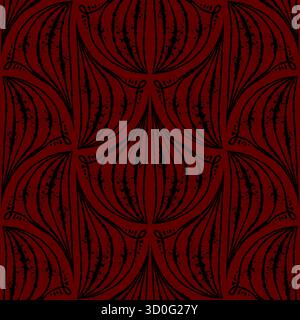 Geometric seamless pattern with ink line texture forming gothic fan shapes. Hand drawn vector line art with burgundy and black contrast. Ideal for wallpaper textile design and sketch style templates. Stock Vector