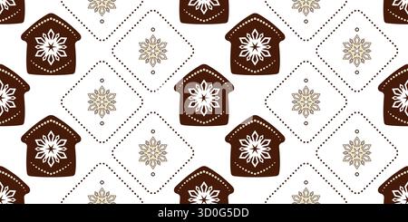 Brown gingerbread house with snowflake decor. Cozy winter holiday seamless pattern. Brown houses and beige snowflakes on white background. Warm christ Stock Vector