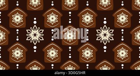 Brown gingerbread house with snowflake decor. Cozy winter holiday seamless pattern. Brown houses with beige snowflakes on dark brown chocolate backgro Stock Vector