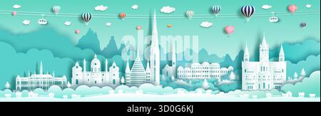 Travel ancient architecture Austria landmarks famous city of europe with green background, Travelling Austria in vienna with balloons  popular history Stock Vector
