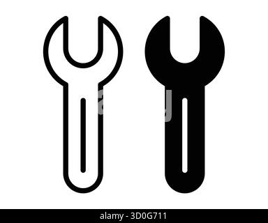 Two wrench icons in black and white showcase essential tools for repair and maintenance tasks. Perfect for illustrations in engineering or DIY project Stock Vector