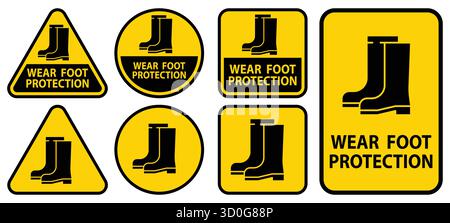 A collection of vibrant yellow and black safety signs promoting foot protection. Featuring icons of boots, these signs emphasize the importance of wea Stock Vector