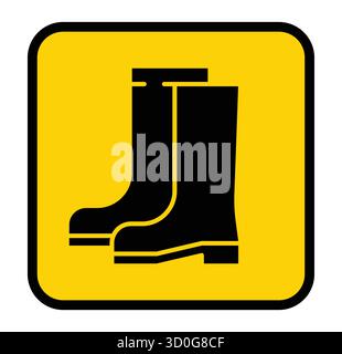 Illustration of black rubber boots on a yellow background, ideal for safety signage. Perfect for outdoor environments, construction, or farming themes Stock Vector