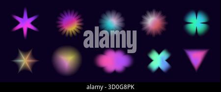 Neon Y2K gradient flowers and stars with soft blur and holographic glow. Pink, blue, and purple tones create a dreamy futuristic vibe. Perfect for tre Stock Vector