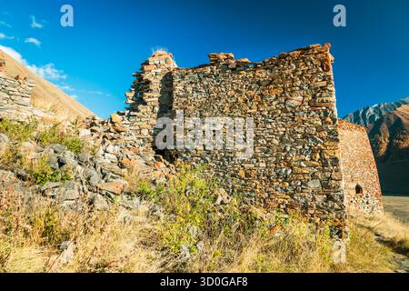 Close-up of ancient stone walls from a ruined fortress in Truso Valley, Georgia. The rich texture and warm tones blend with the autumn mountain backdr Stock Photo
