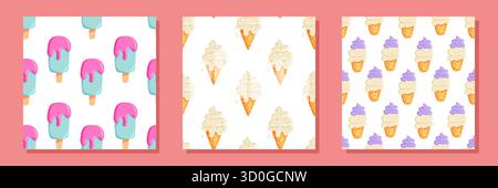 A set of seamless patterns featuring various ice cream types in a fun and playful cartoon style. Stock Vector