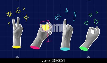 Aesthetic collage style cutout illustrations of female hands in various gestures and poses. Stock Vector