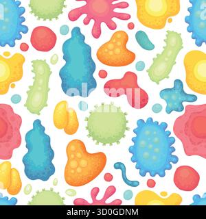 Seamless Pattern Background with Germs, Viruses, Bacteria, Microbe, Bacillus. Hand Drawn Wallpaper Repeated Microorganisms Isolated on White Backgroun Stock Vector