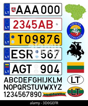 Lithuania car license plate pattern, letters, numbers and symbols, vector illustration, European Union Stock Vector